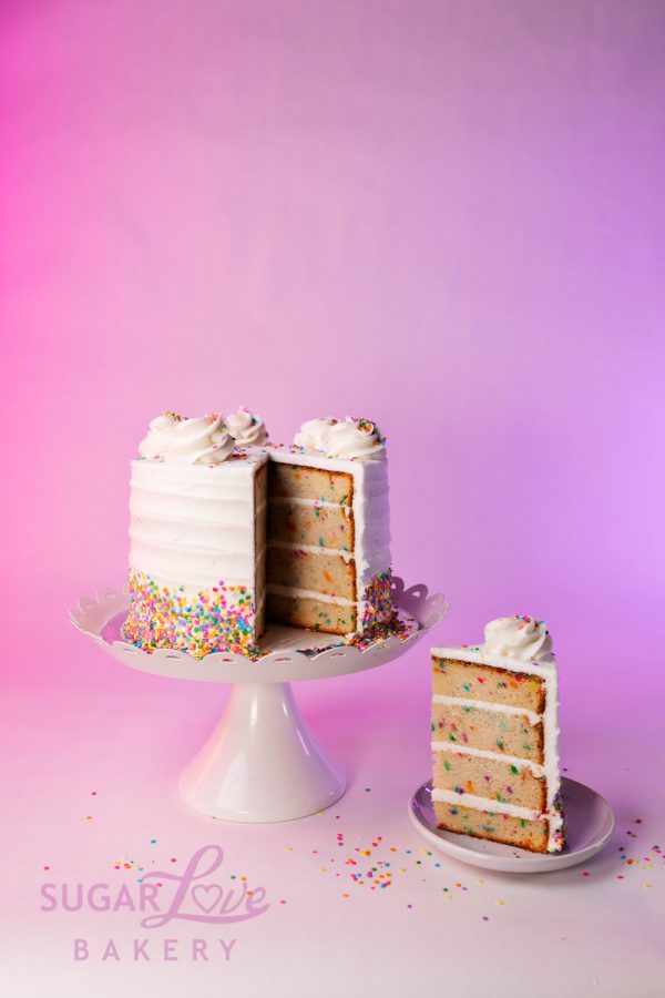 Vanilla Funfetti Cake Sliced at Sugar Love Bakery in Slidell